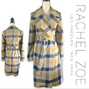 Rachel Zoe Buffalo Grey and Yellow Plaid Trench Coat sz M